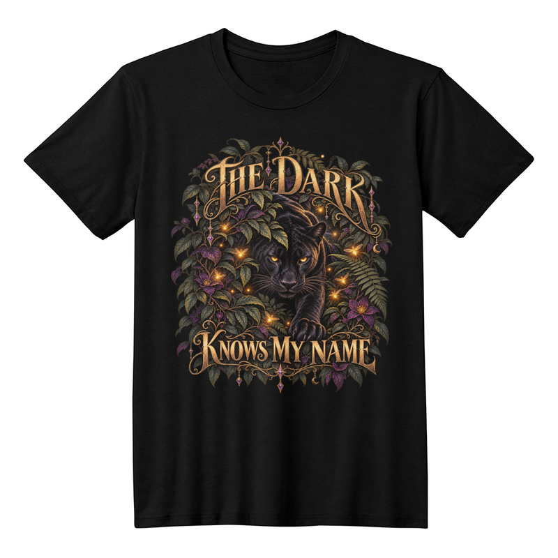 Black T-shirt featuring The Dark Knows My Name black panther design with golden lettering and dark foliage