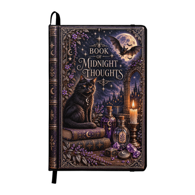 Black Midnight Thoughts Journal with moon, bat, black cat and vintage-inspired artwork
