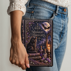Person holding black Midnight Thoughts Journal showing its size and illustrated cover
