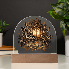 Moth and lantern acrylic dome lamp with ornate botanical artwork