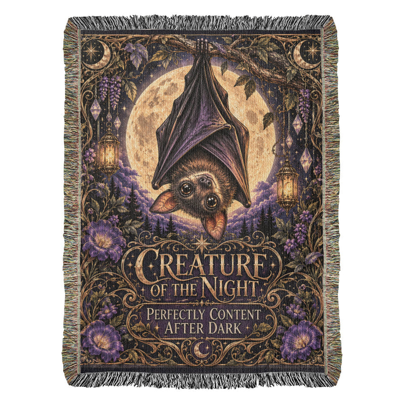 Creature of the Night woven cotton bat blanket with moon and purple floral design