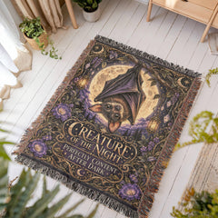 Creature of the Night woven cotton blanket with ornate bat and moon design