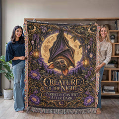 Large woven cotton bat blanket with moonlit bat artwork